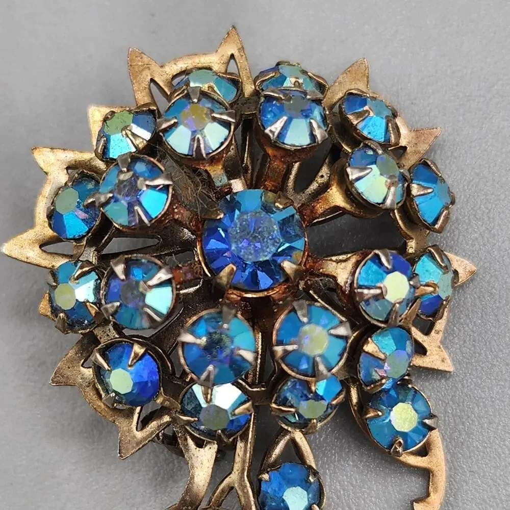 Vintage Lapel Brooch Pin Triple Layer Blue Rhinestone Crystal Flower Gold Tone